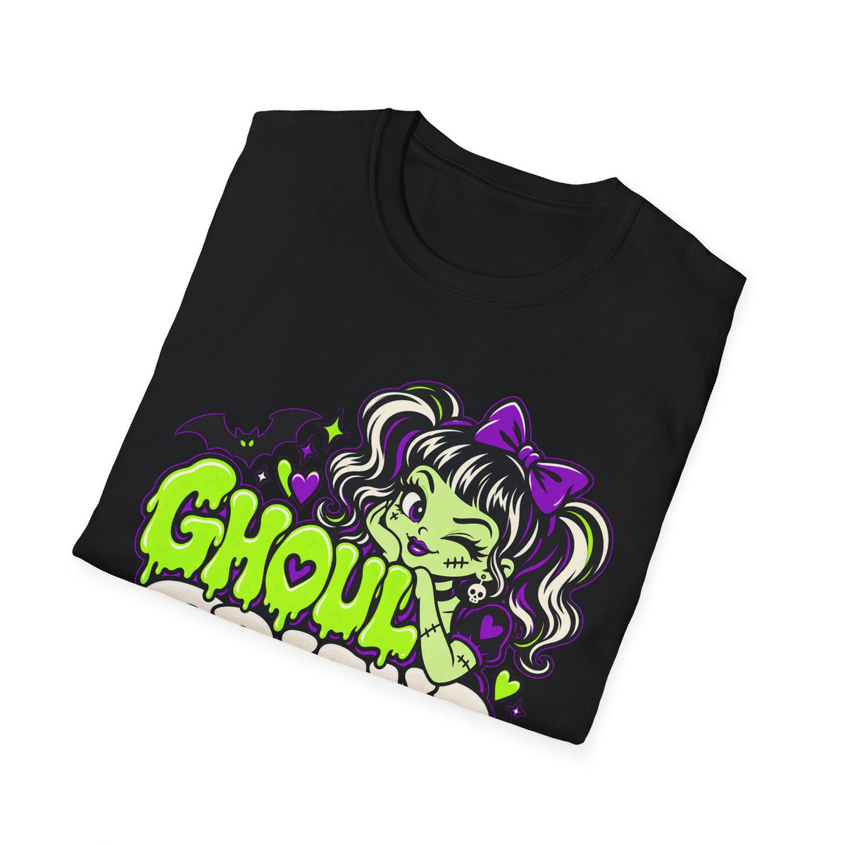 Black Halloween monster graphic T-shirt with Ghoul text and cute green monster girl graphic