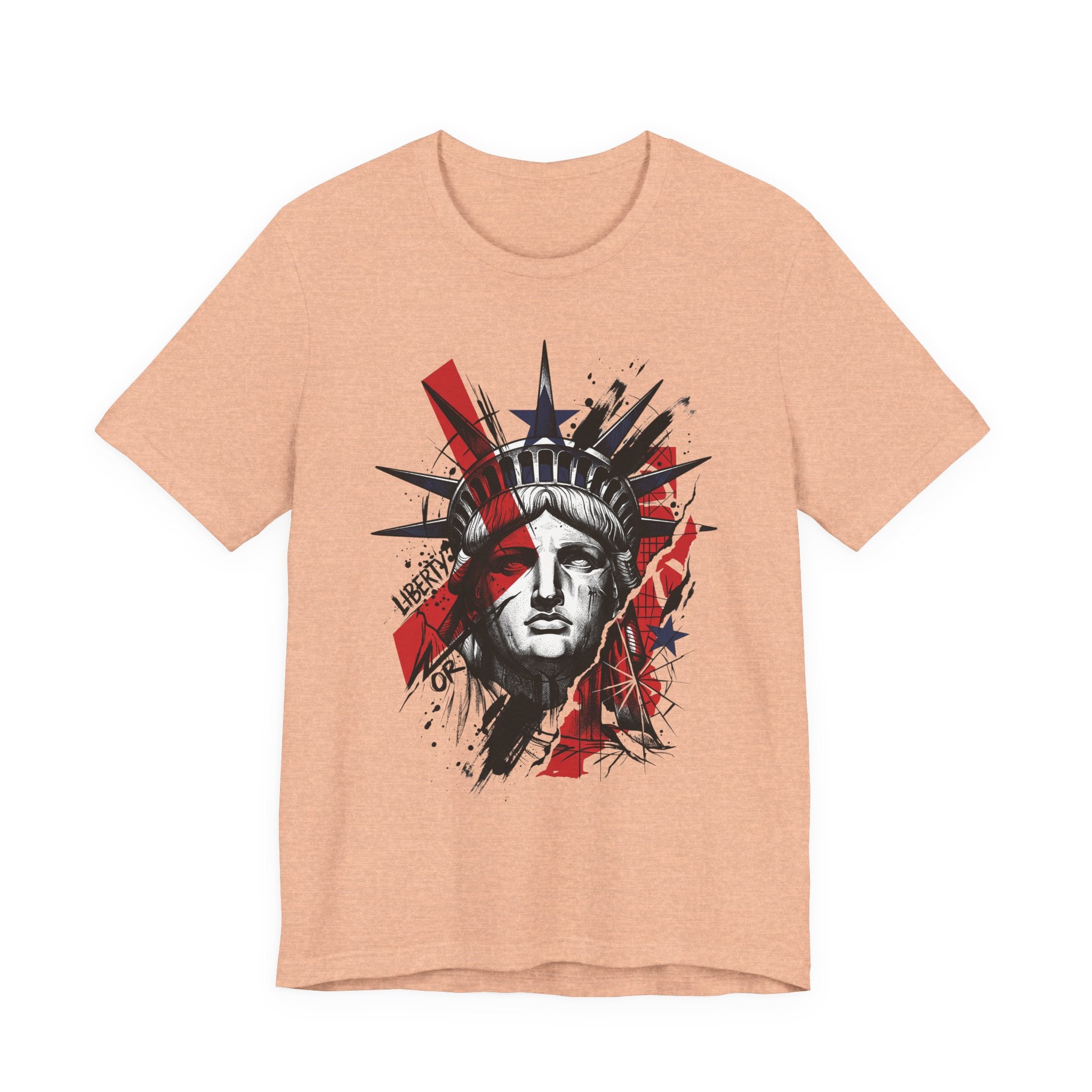 Heather peach graphic t-shirt with Statue of Liberty face illustration in red and black