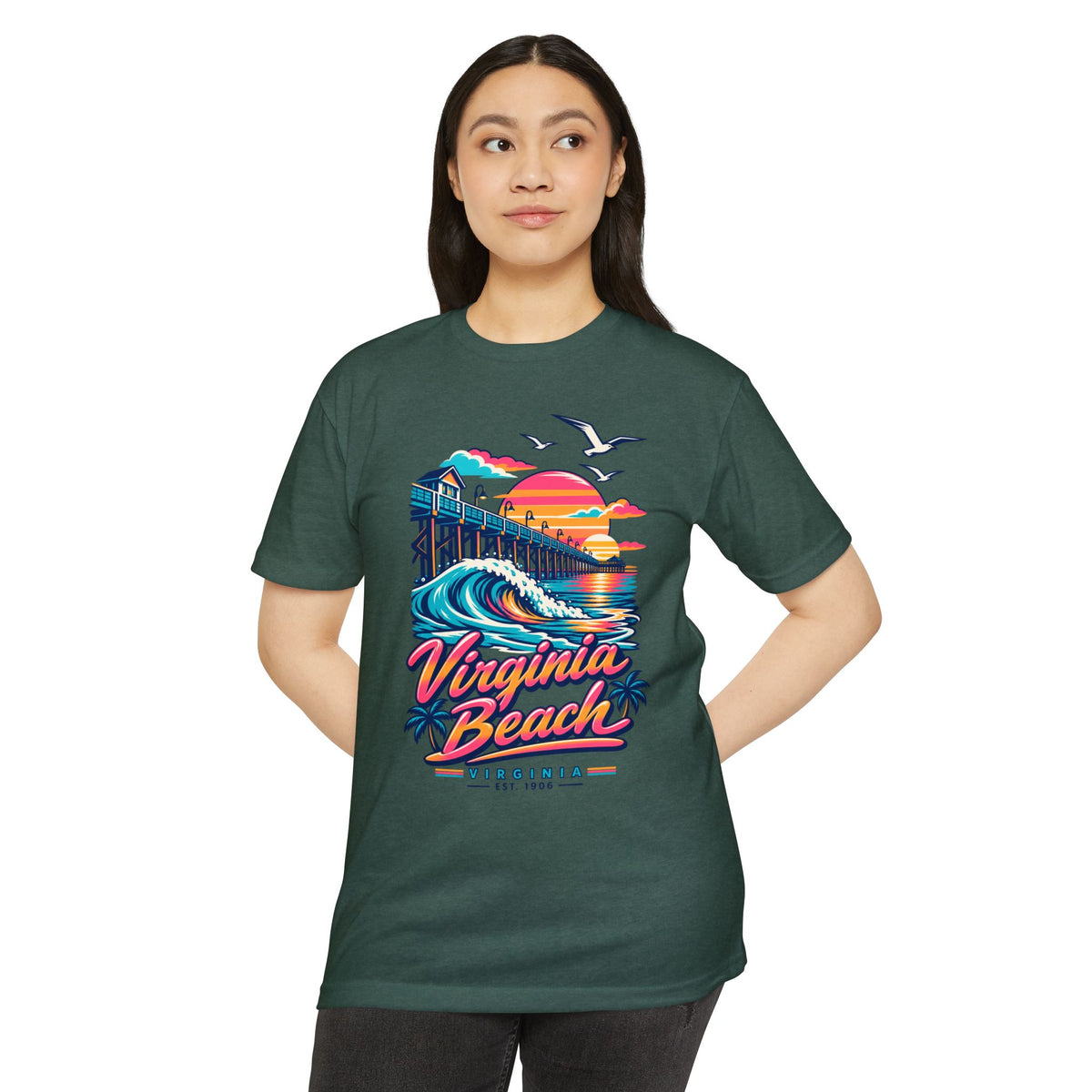 Dark green graphic T-shirt with colorful pier waves, seagulls, and “Virginia Beach” logo