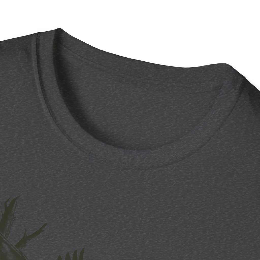 Dark gray crew-neck T-shirt neckline close-up, short sleeves