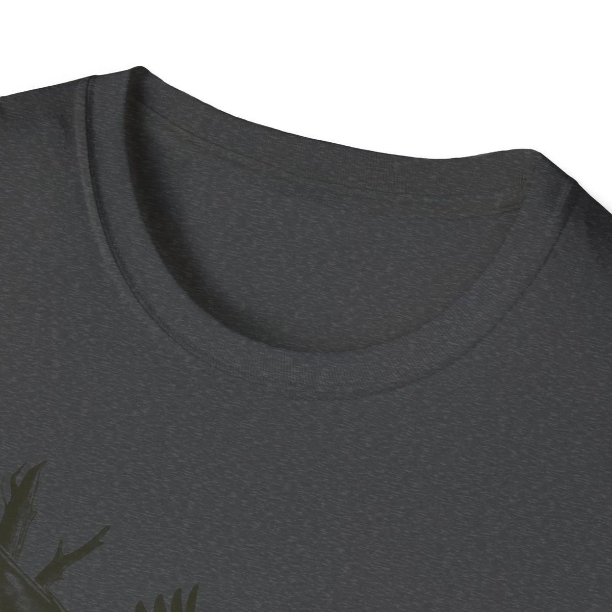 Dark gray crew-neck T-shirt neckline close-up, short sleeves