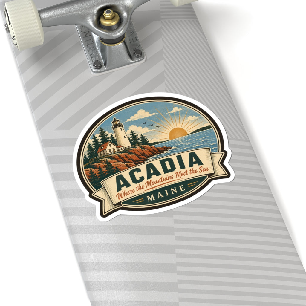 Round Acadia Maine sticker on striped luggage: lighthouse, coastline, sunrise, and 'ACADIA' ribbon.