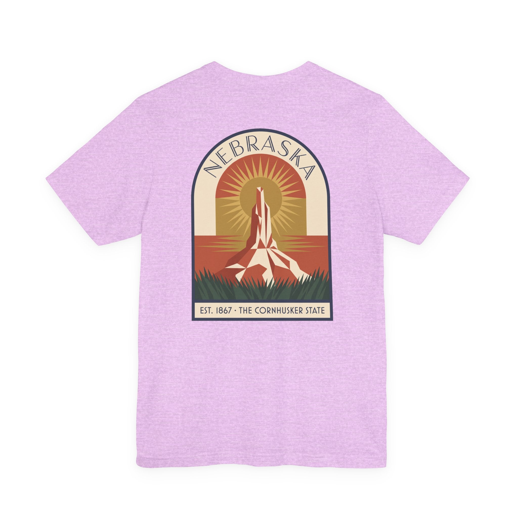 Nebraska art deco T-shirt, lilac with Cornhusker sunrise graphic
