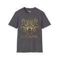 Geometrischer Wolfkopf Predator T‑Shirt, graubraun, Frontdruck mit Wolfgesicht & Schriftzug