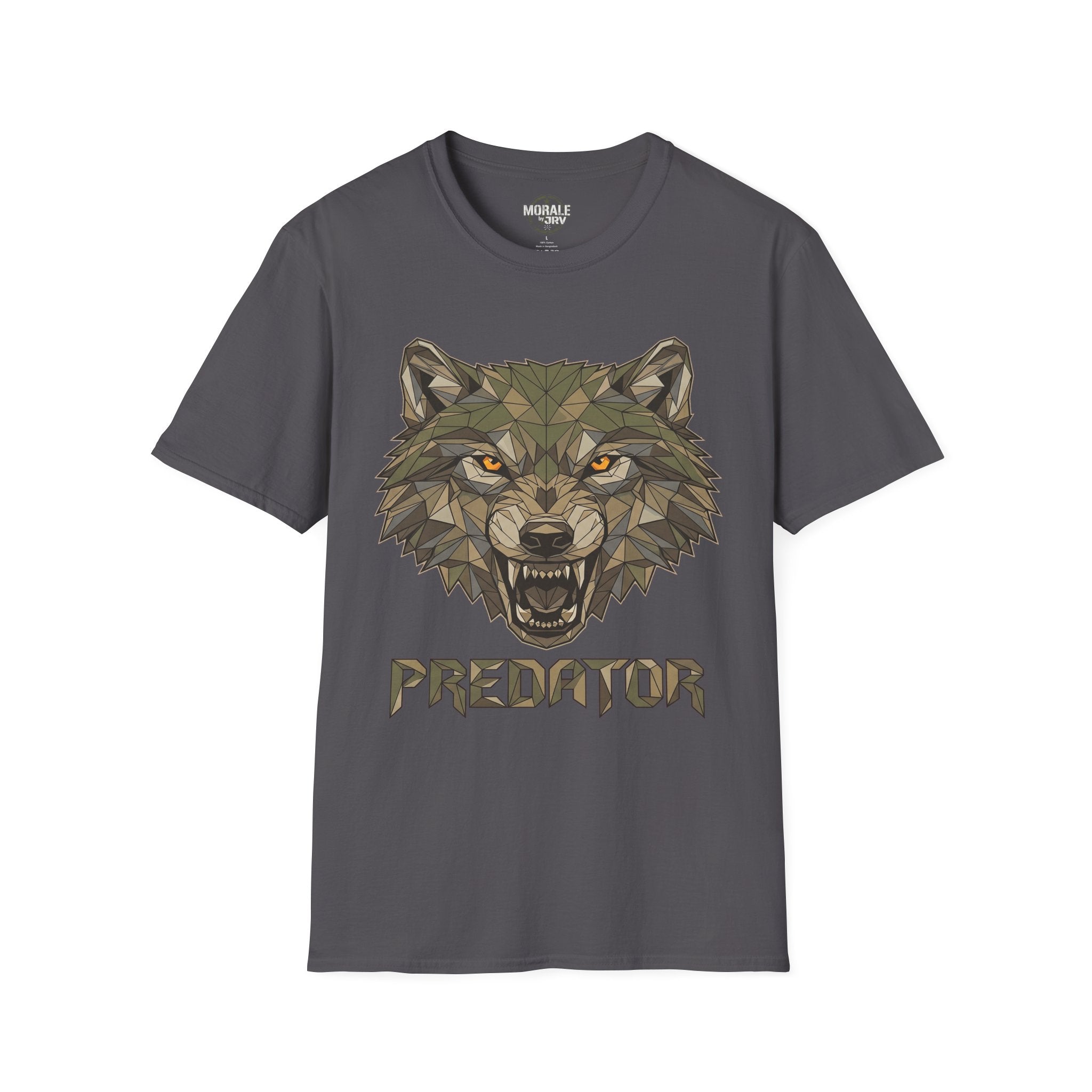 Geometrischer Wolfkopf Predator T‑Shirt, graubraun, Frontdruck mit Wolfgesicht & Schriftzug