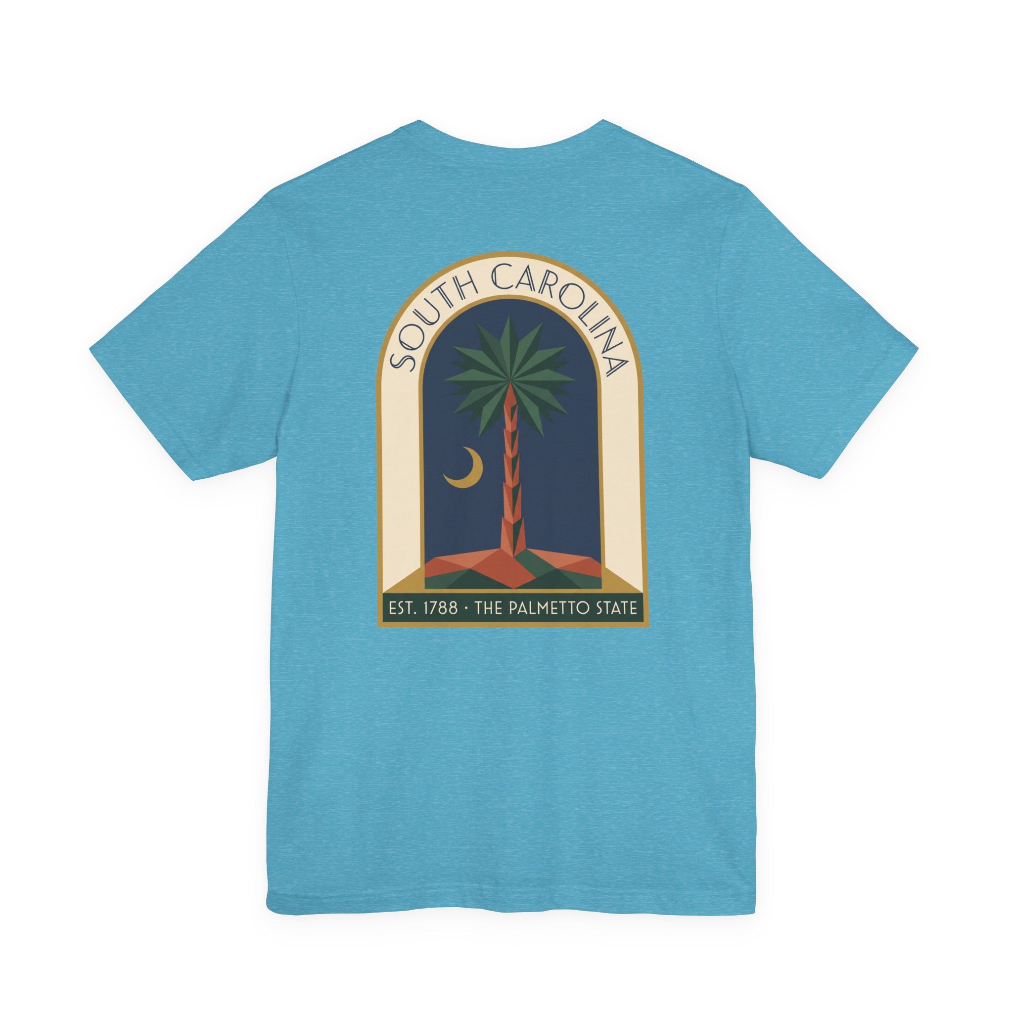 Blue t-shirt with South Carolina art deco palmetto and moon graphic