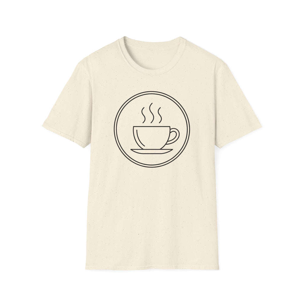 Natural unisex t-shirt with front graphic of a coffee cup and steam in a circle