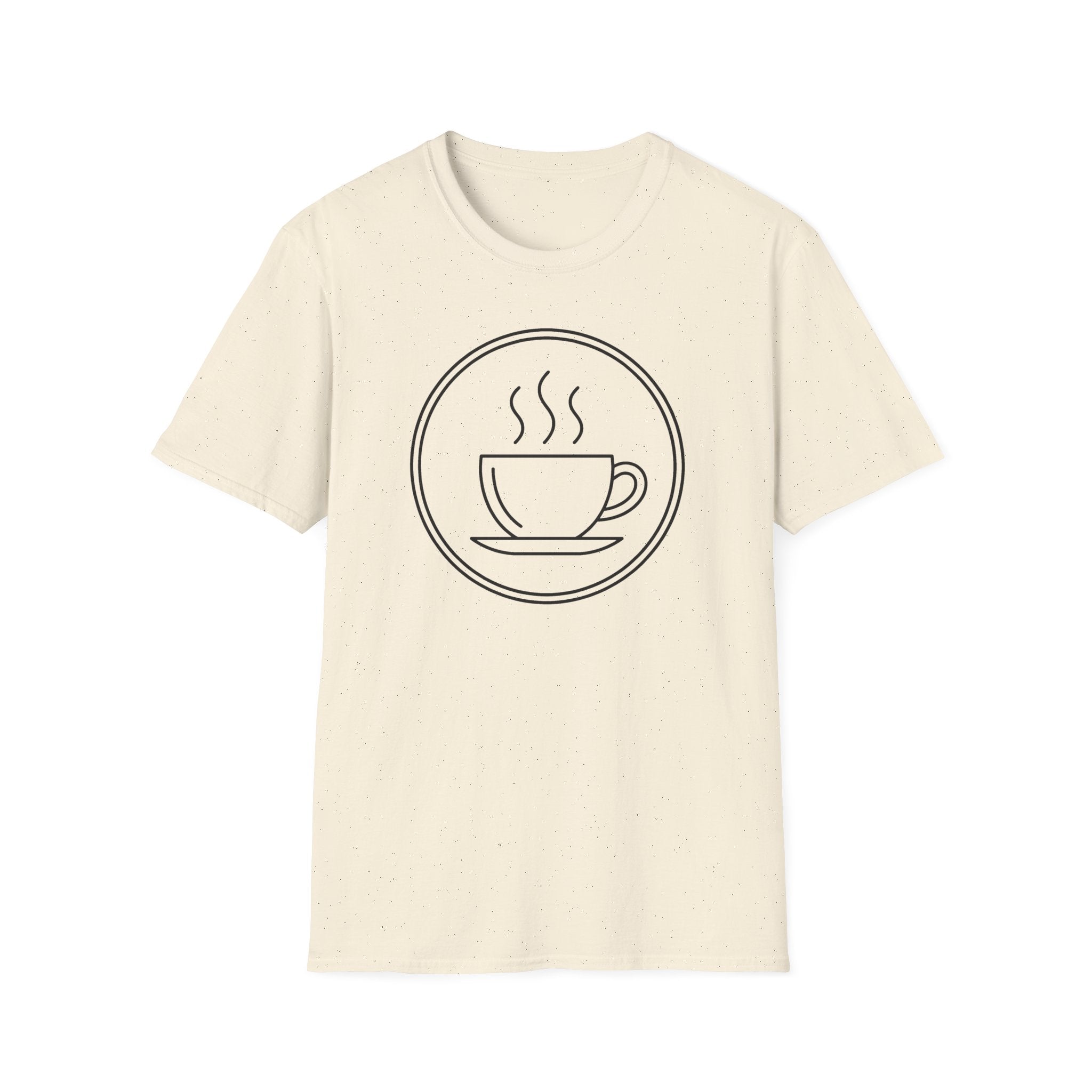 Natural unisex t-shirt with front graphic of a coffee cup and steam in a circle
