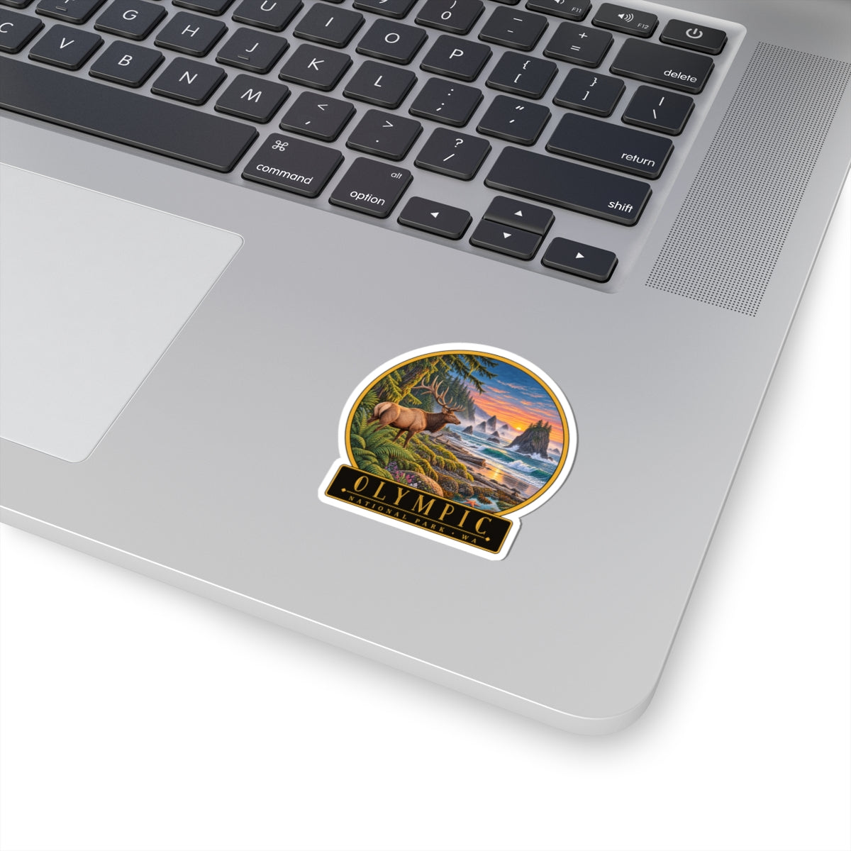 Kiss-cut elk beach sticker with round landscape scene and Olympic text