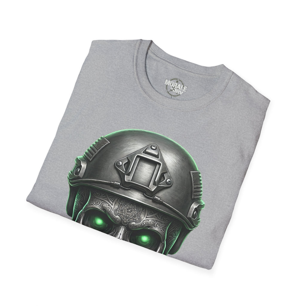 Sport Grey tactical skull T-shirt with helmet and glowing green eye details