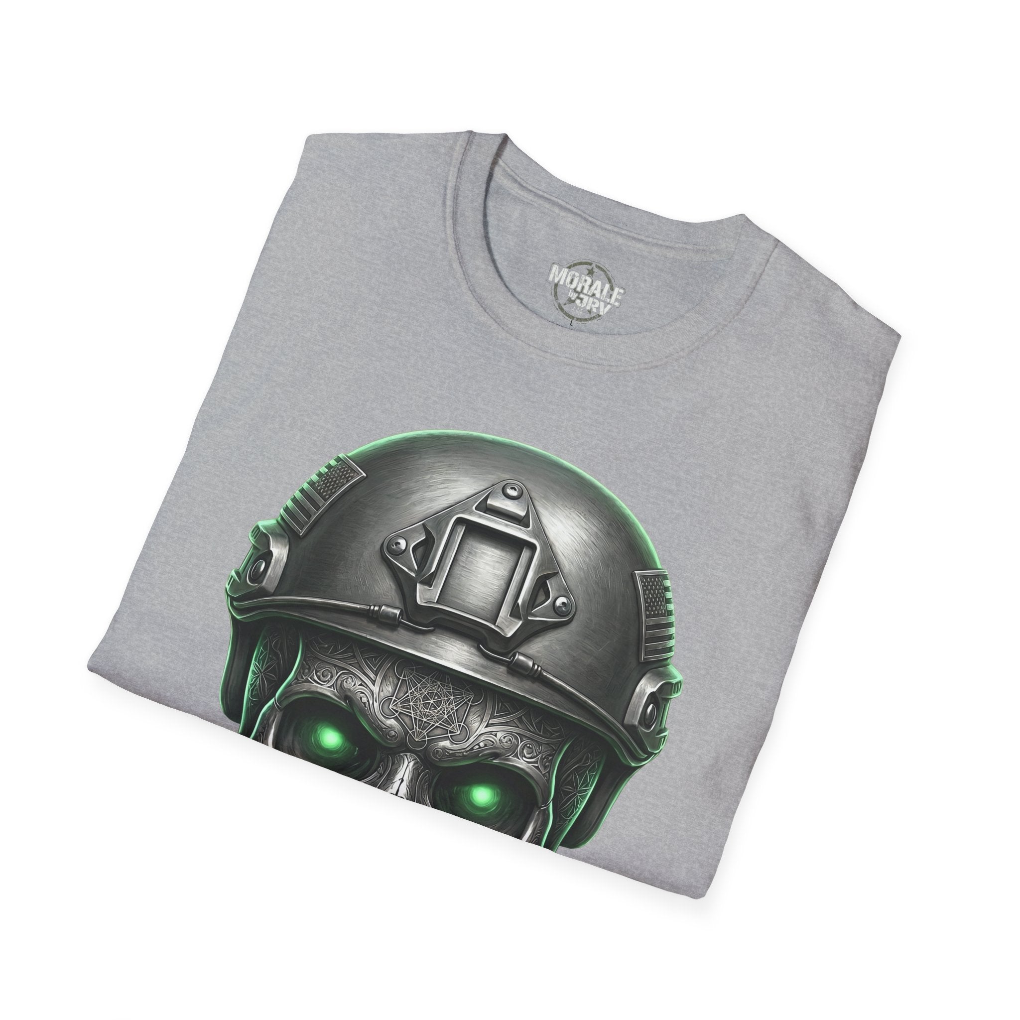 Sport Grey tactical skull T-shirt with helmet and glowing green eye details