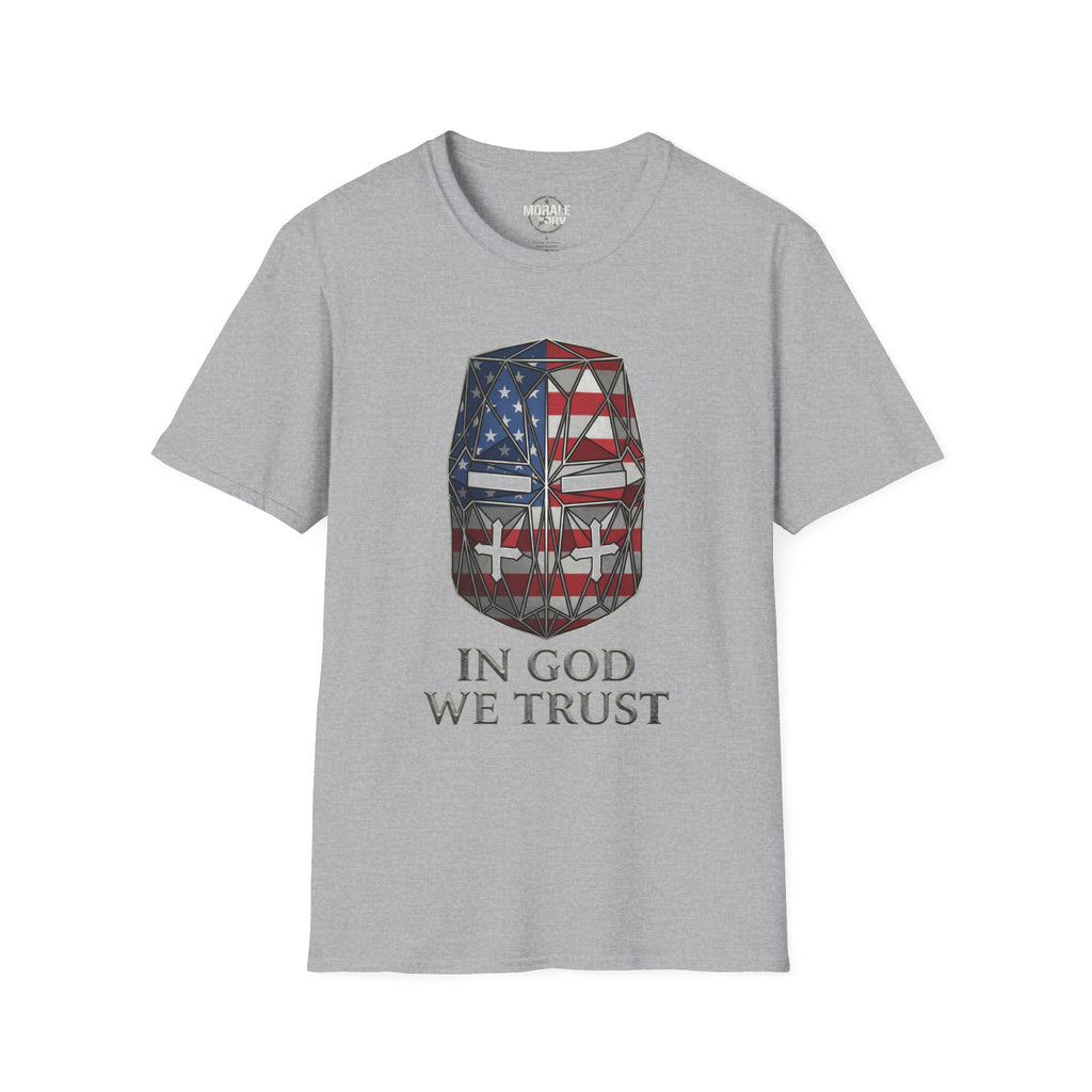 Sport grey T-shirt with crusader helmet flag graphic and “IN GOD WE TRUST”