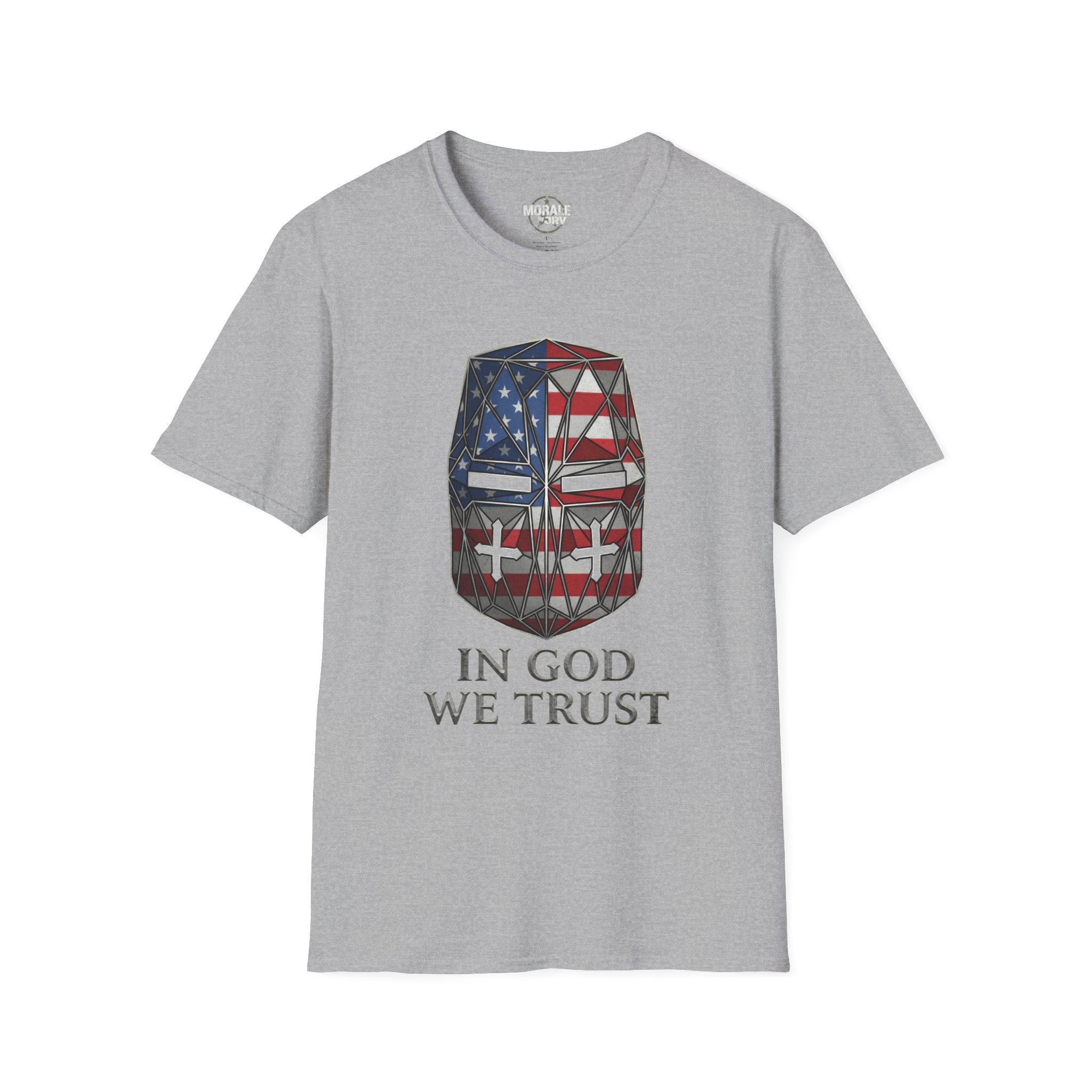 Sport grey T-shirt with crusader helmet flag graphic and “IN GOD WE TRUST”