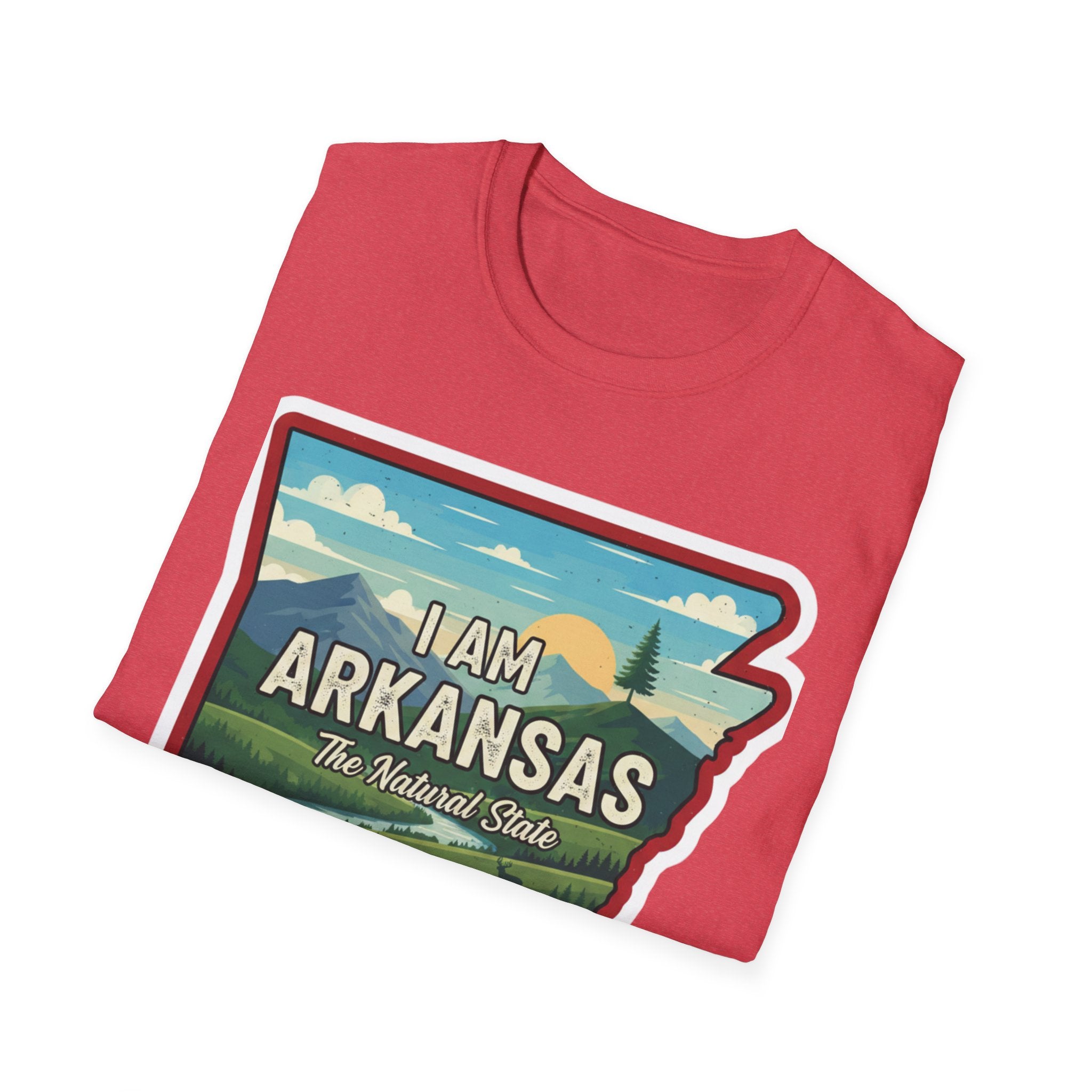 I Am Arkansas T-shirt in heather red with “I Am Arkansas” landscape state graphic