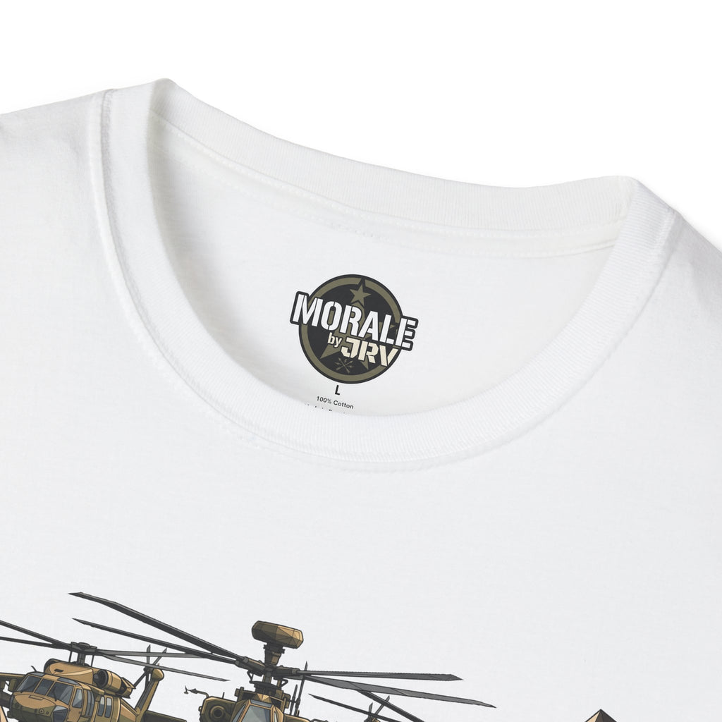 White T-shirt neckline with circular logo patch