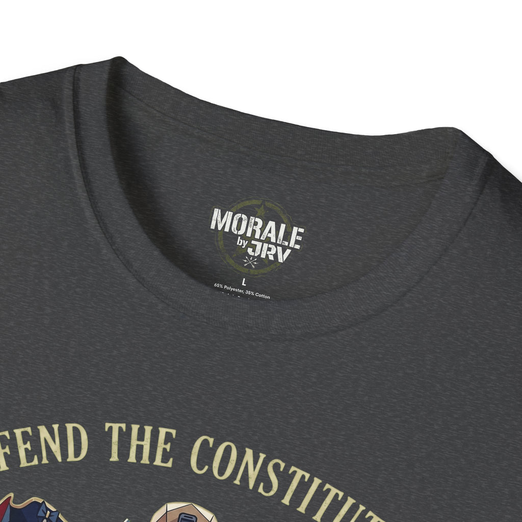 Militia T-shirt, dark heather; “MORALE by TRIV” logo at crew neck