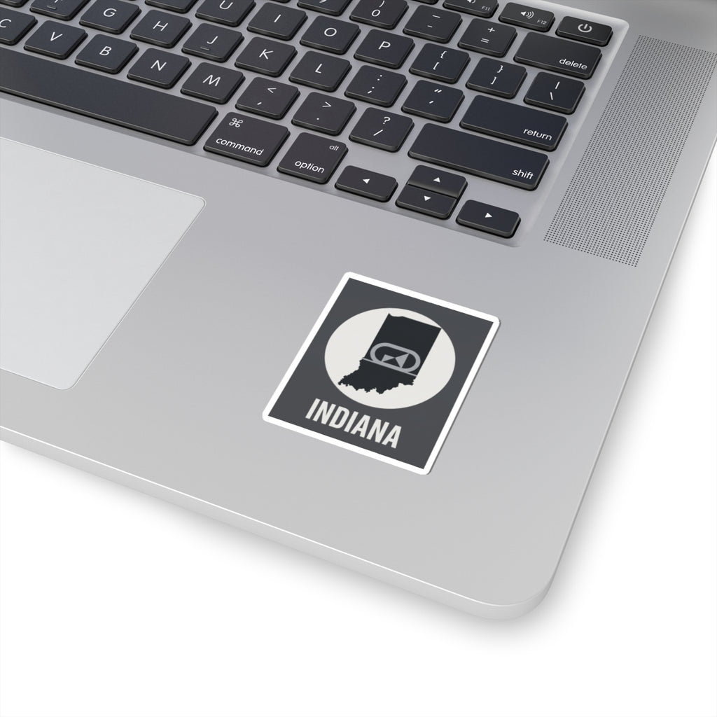 Indiana retro badge sticker: square white-bordered black mountain outline with “Indiana”