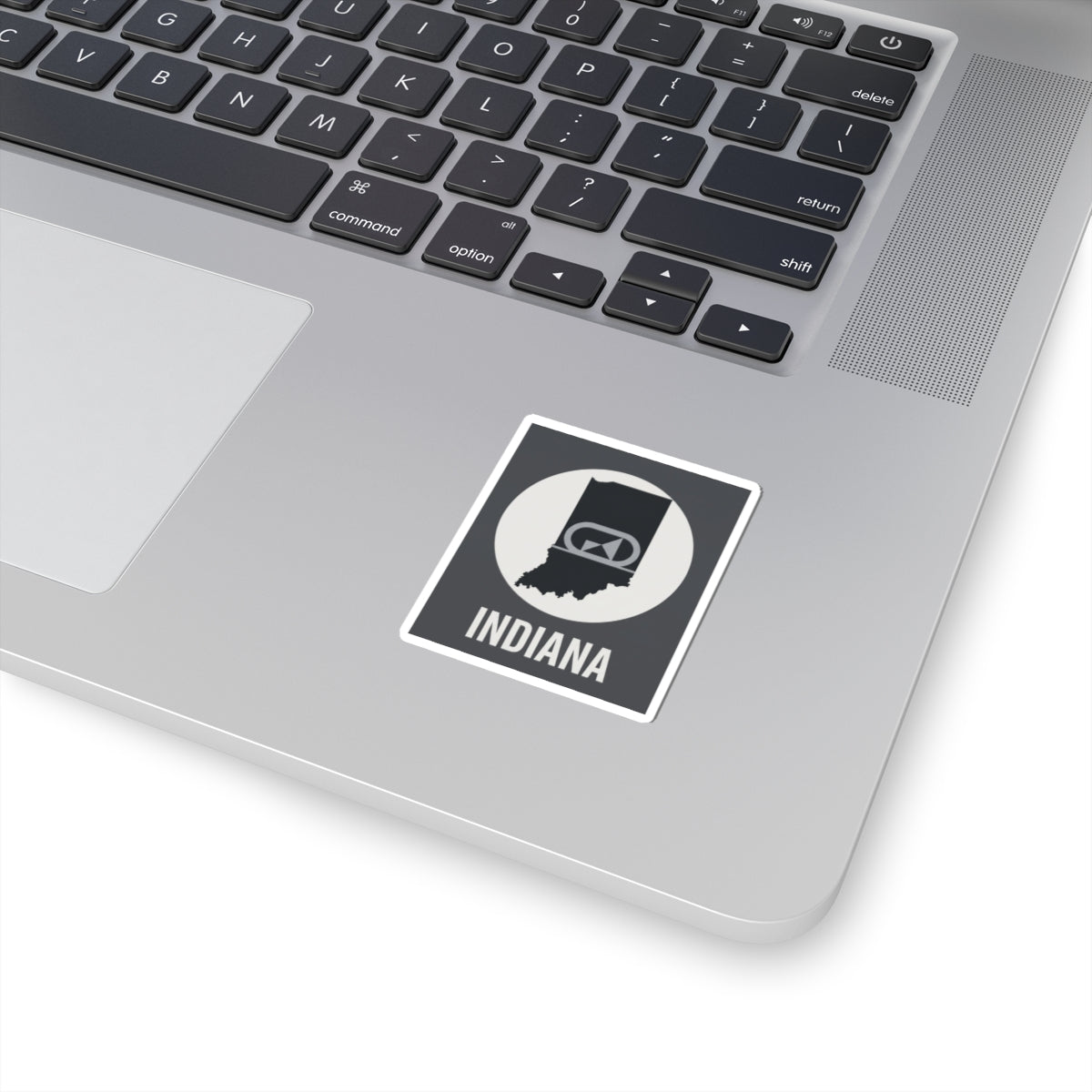 Indiana retro badge sticker: square white-bordered black mountain outline with “Indiana”