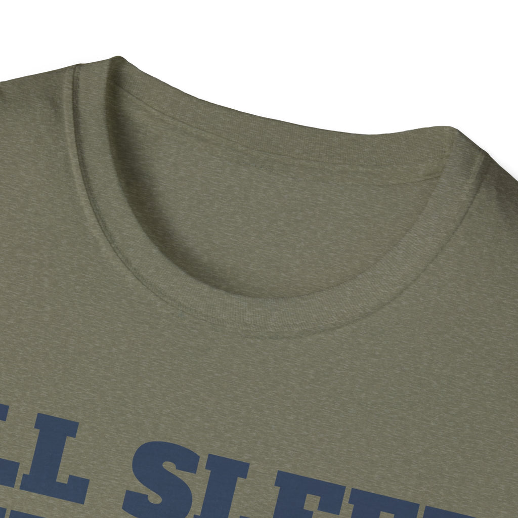 Military green crewneck T-shirt with partial blue graphic text on the chest, close-up