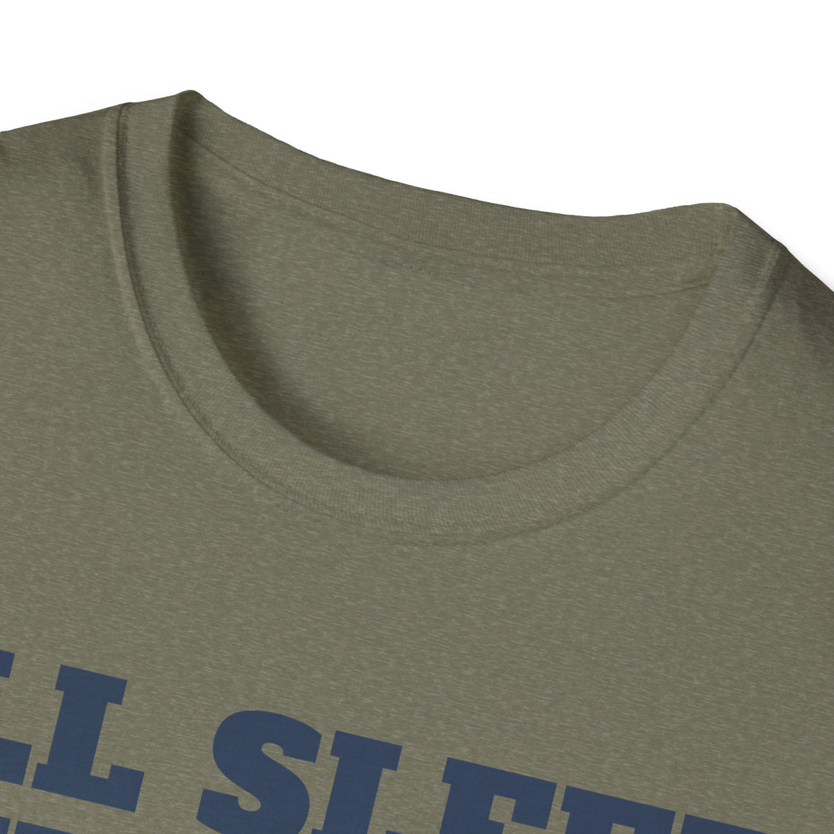 Military green crewneck T-shirt with partial blue graphic text on the chest, close-up