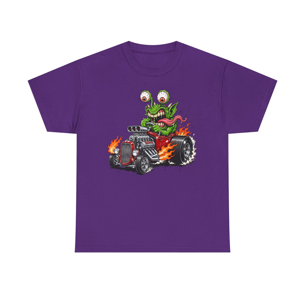 Monster hot rod graphic tee in purple, front monster driving hot rod with flames