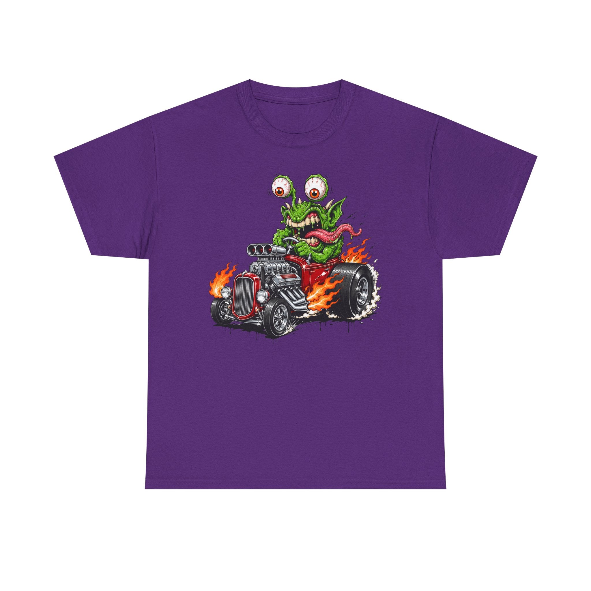 Monster hot rod graphic tee in purple, front monster driving hot rod with flames