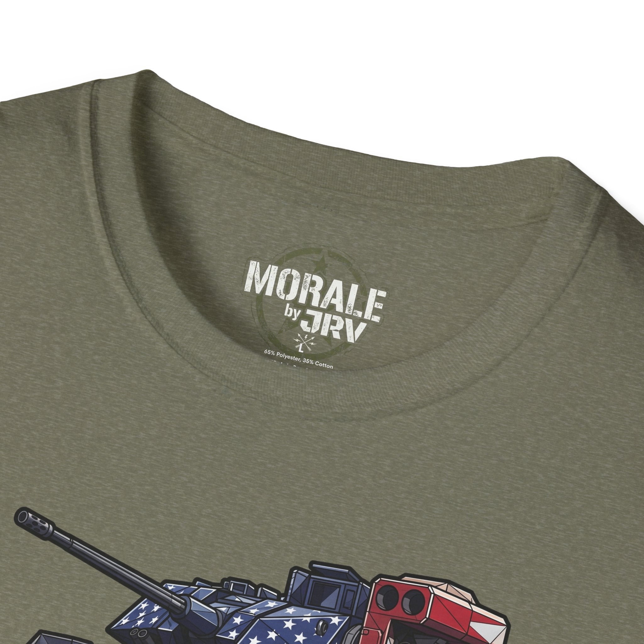 Heather Military Green Tank T-shirt neckline label close-up and part of tank graphic