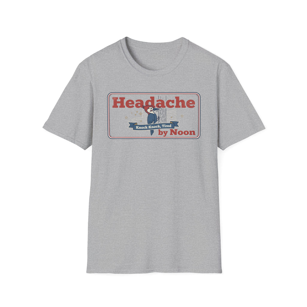 Light gray crewneck short-sleeve T-shirt with 'Headache' badge print