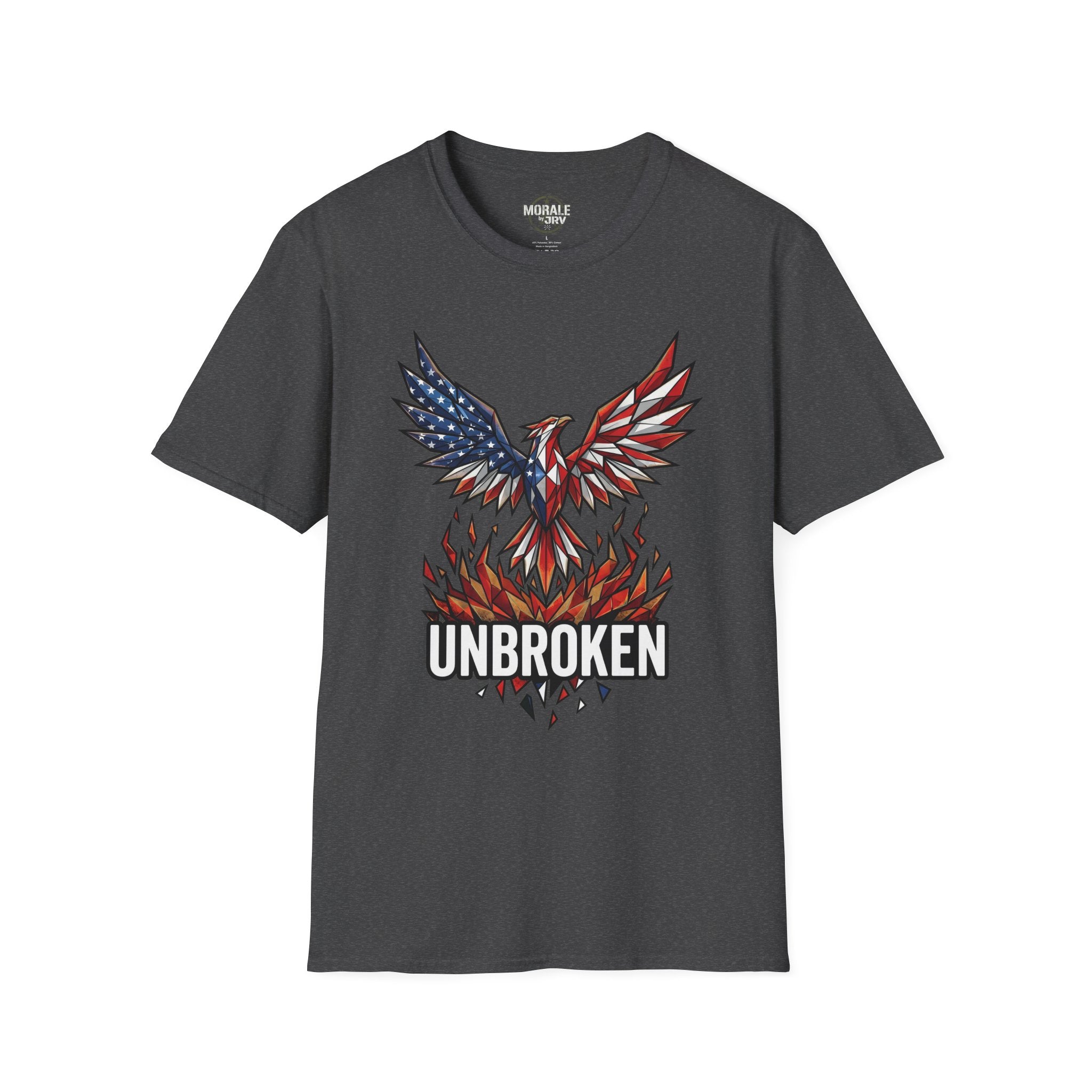 Dark charcoal T-shirt with "UNBROKEN" eagle phoenix graphic and star-spangled wing design