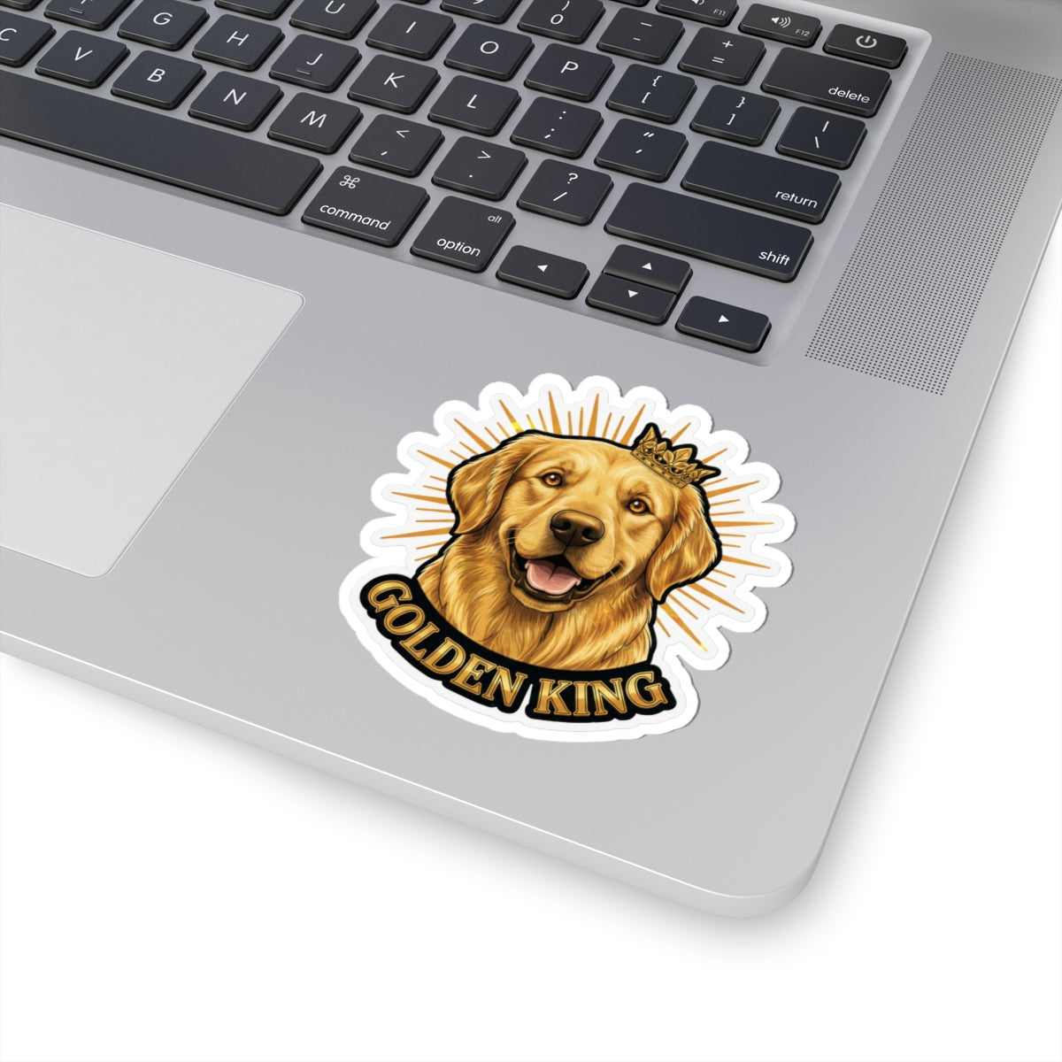 Golden King sticker with golden retriever portrait wearing a crown