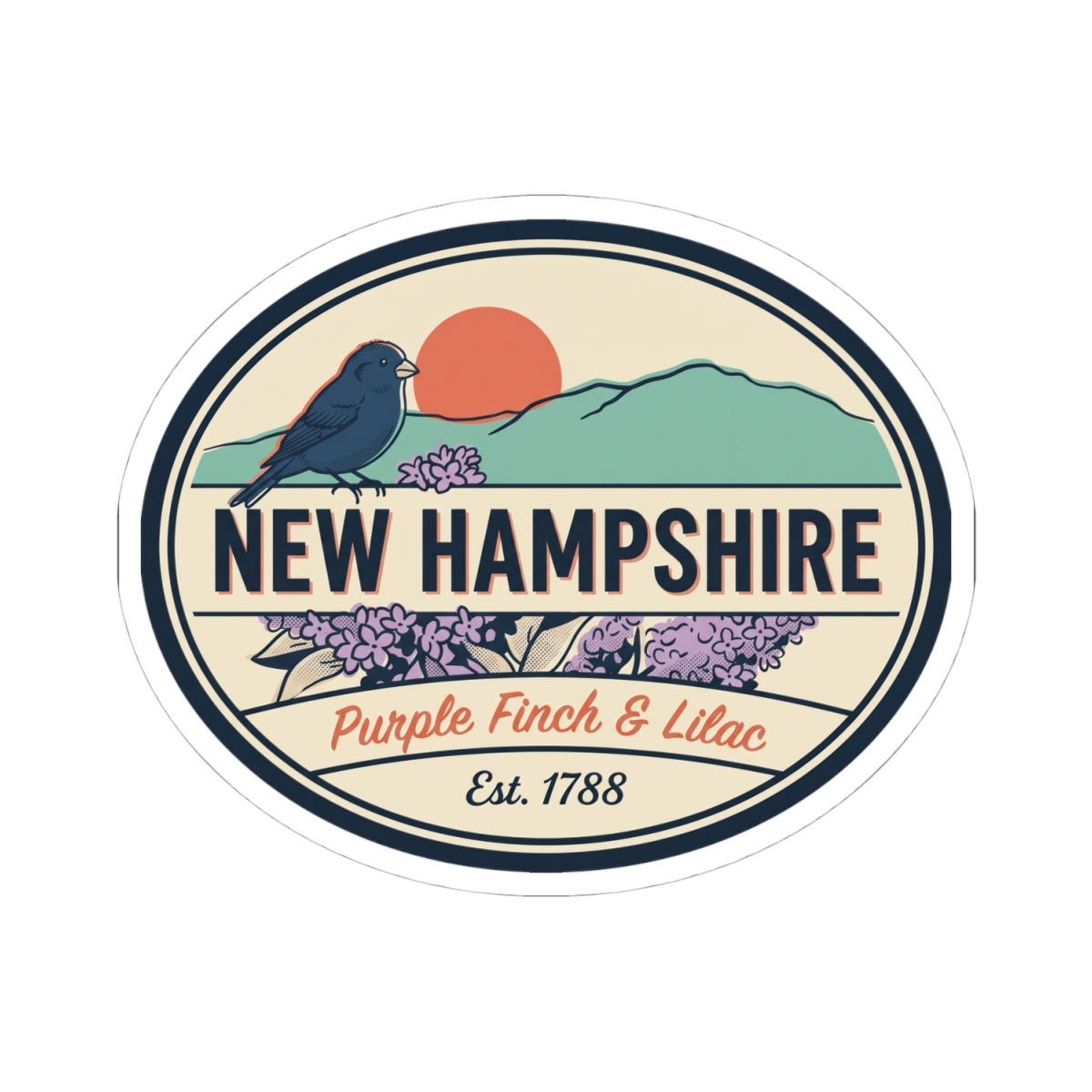 Round New Hampshire badge decal with bird, lilac flowers, and “Est. 1788” text