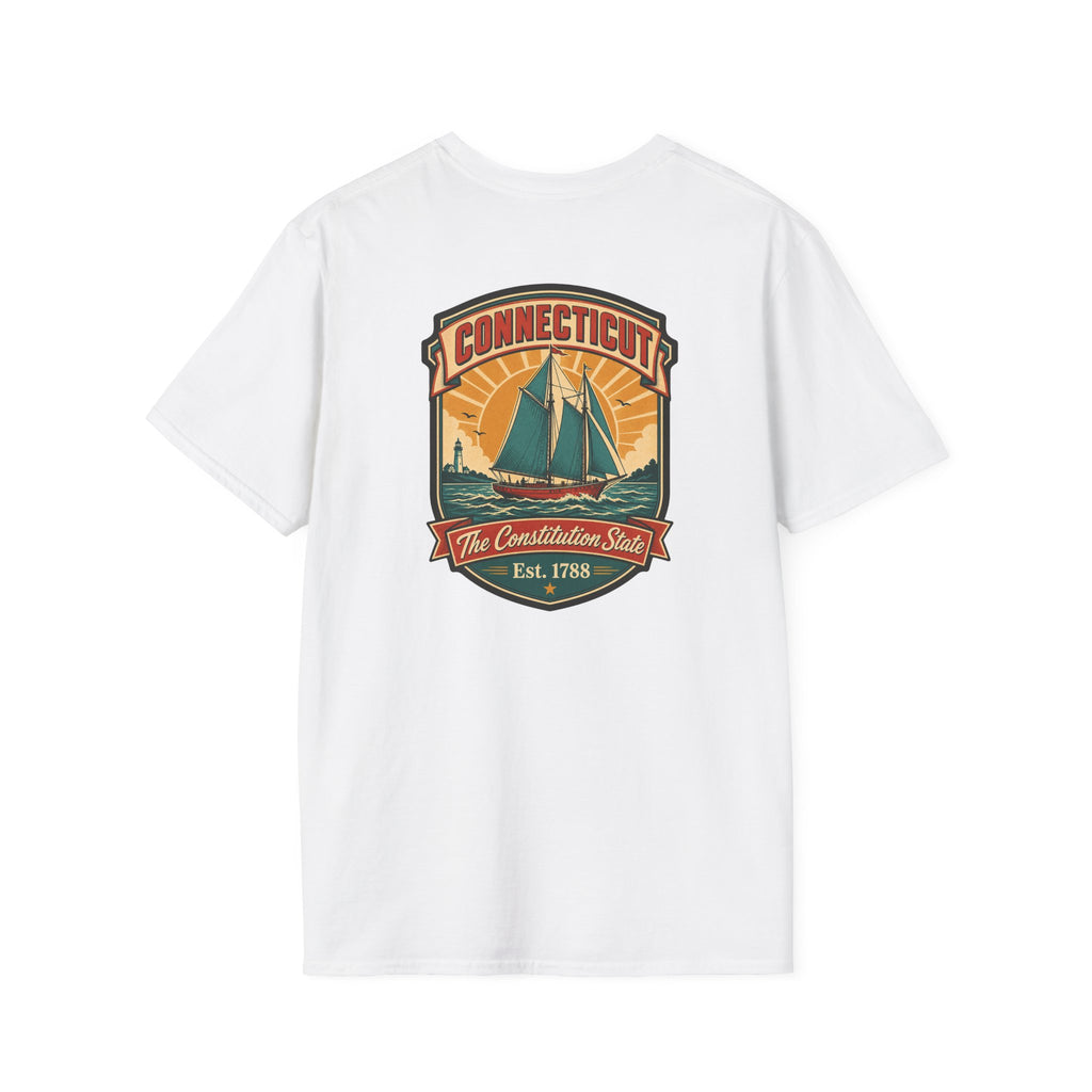 White T-shirt with Connecticut badge sailboat graphic on the chest