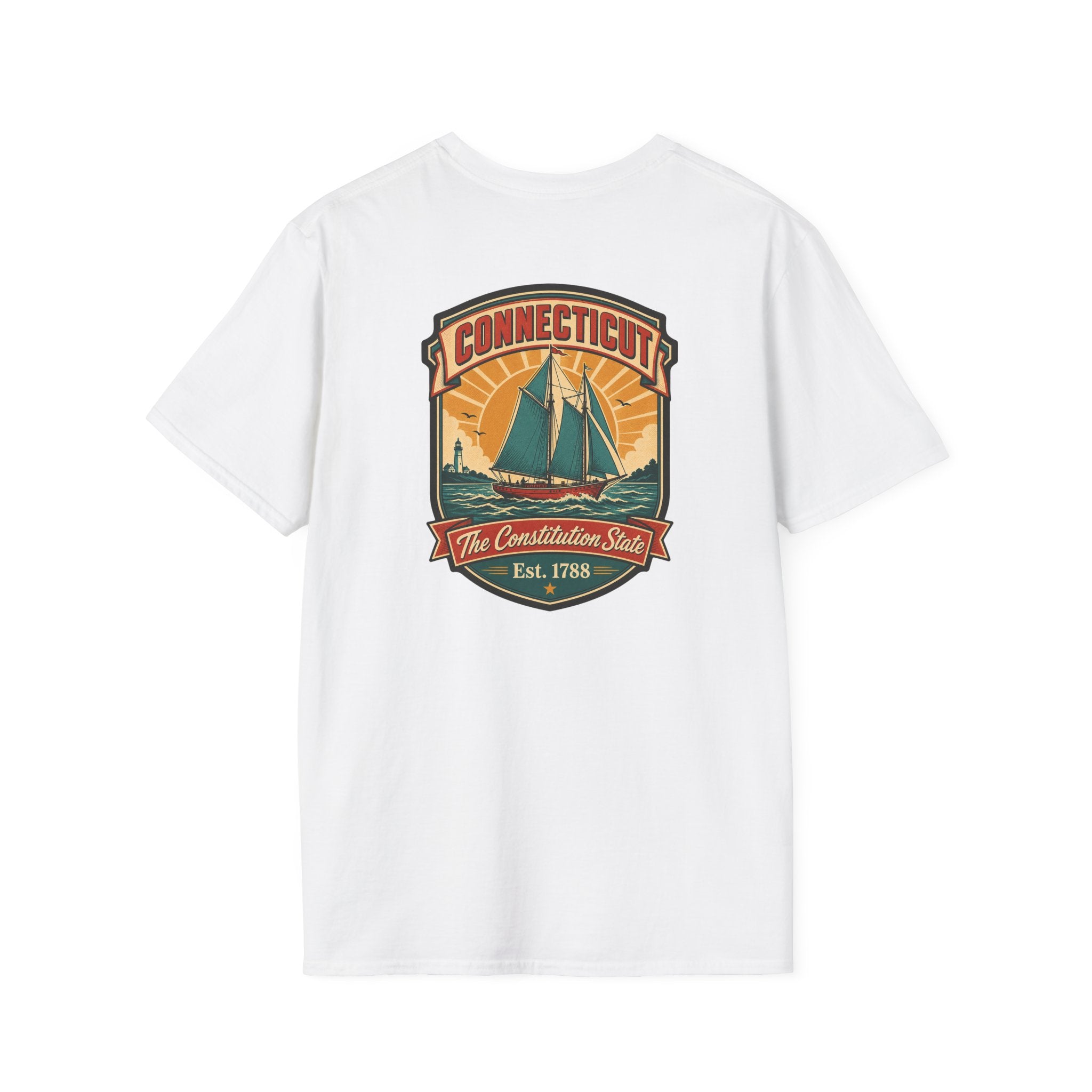 White T-shirt with Connecticut badge sailboat graphic on the chest