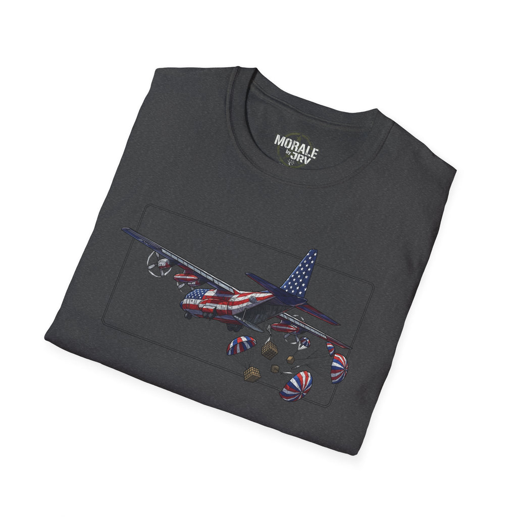 C-130 Hercules Airdrop T-Shirt with plane and parachute graphic, dark heather gray