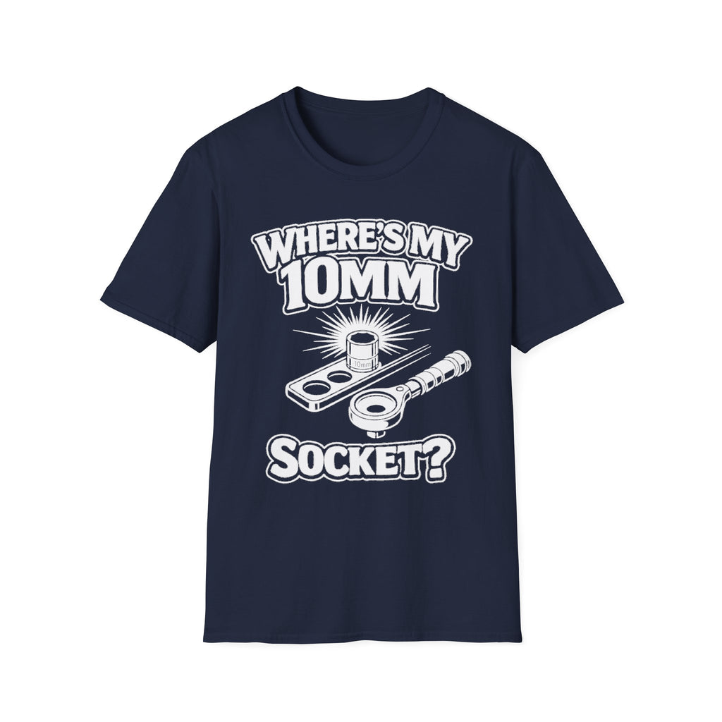 Where's My 10mm Socket? T-shirt in navy with white mechanic socket graphic front