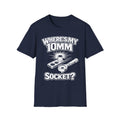 Where's My 10mm Socket? T-shirt in navy with white mechanic socket graphic front