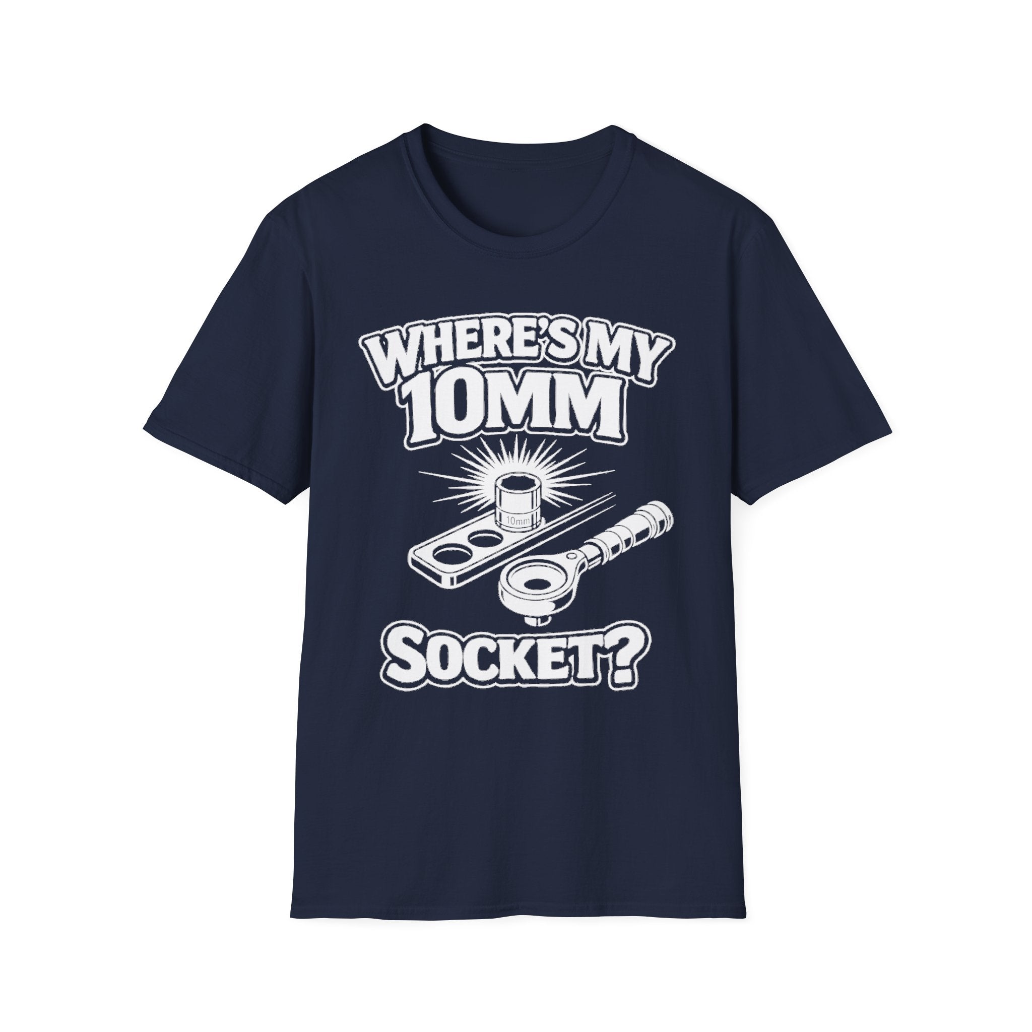 Where's My 10mm Socket? T-shirt in navy with white mechanic socket graphic front