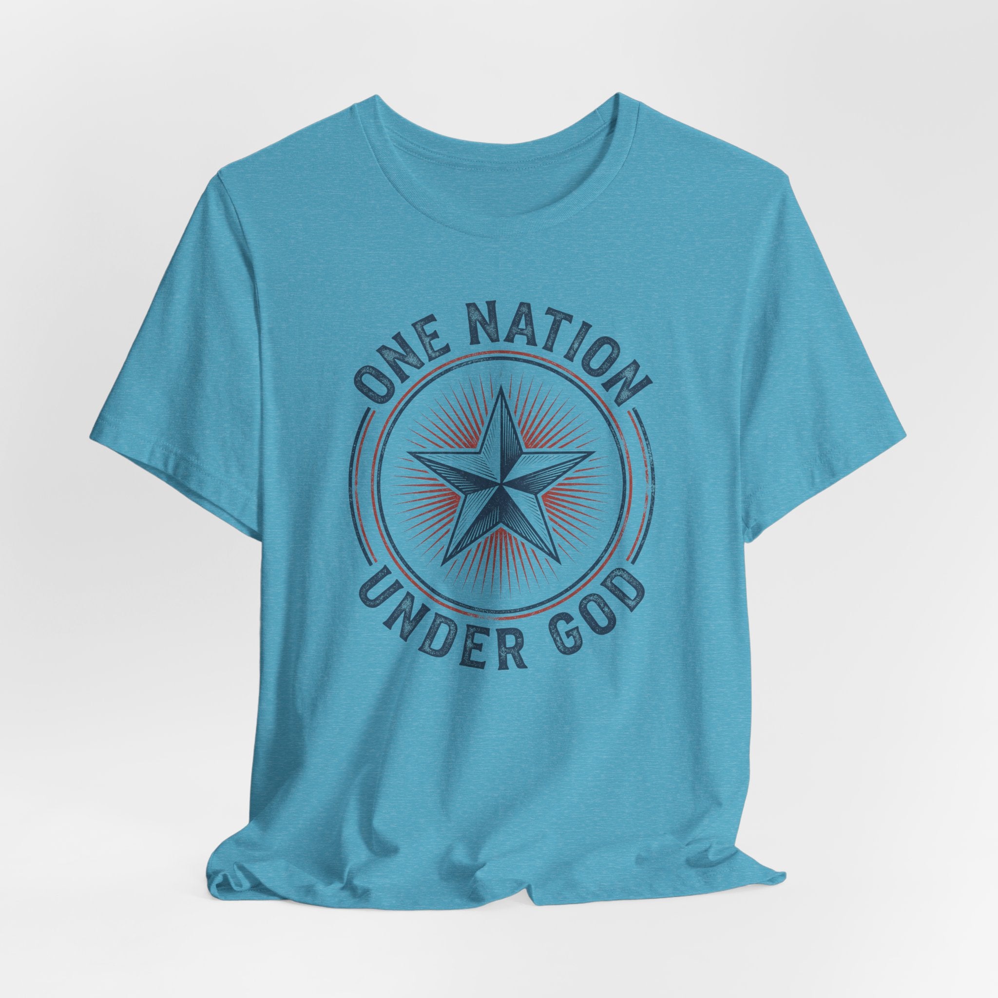 Blue T-shirt with circular star emblem and 'ONE NATION UNDER GOD' text