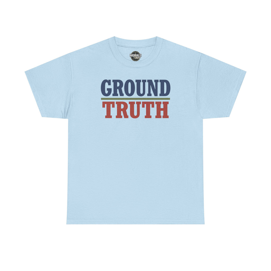 Light blue crew-neck T-shirt with 'GROUND TRUTH' graphic print on chest