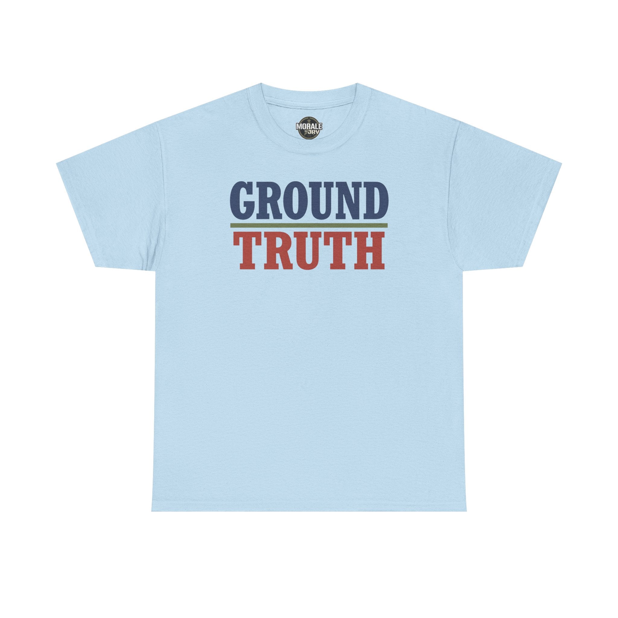 Light blue crew-neck T-shirt with 'GROUND TRUTH' graphic print on chest