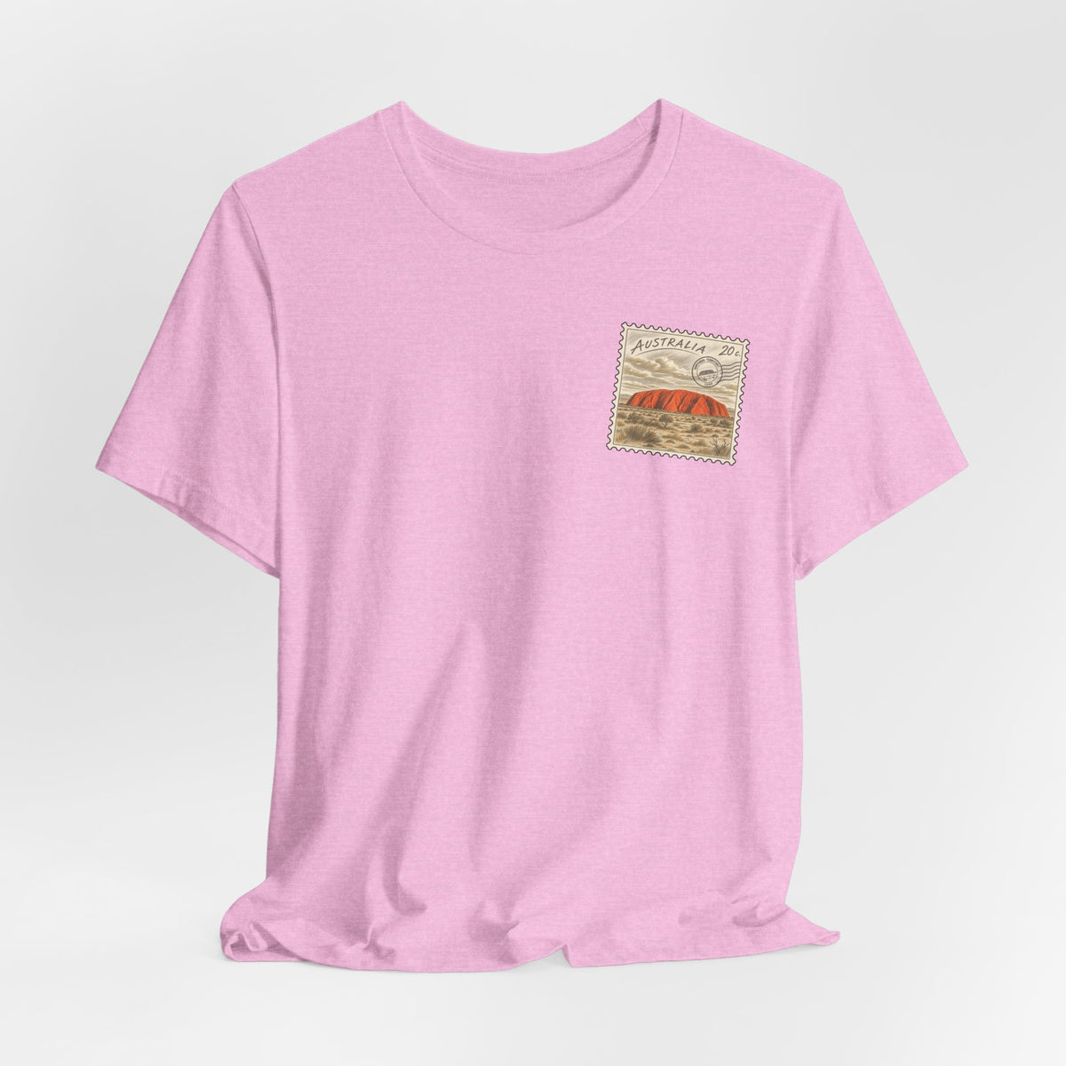 Pink travel T-shirt with small Australia postage-stamp graphic on left chest