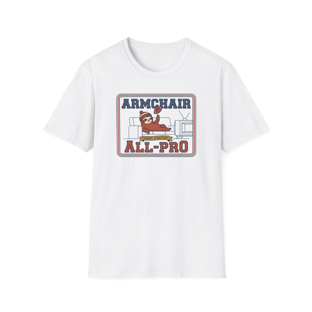 White crewneck graphic t-shirt with framed "ALL-PRO" sloth design