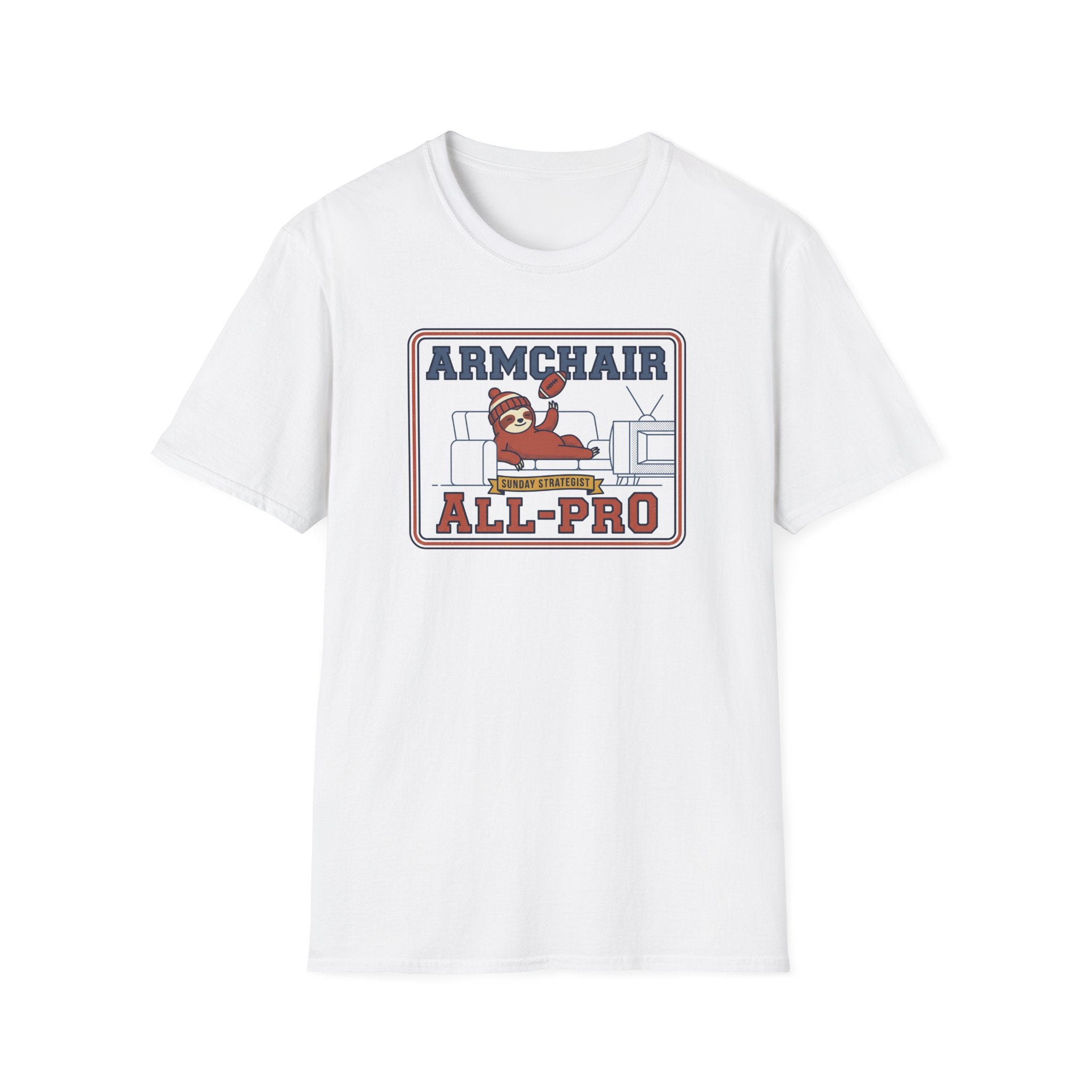White crewneck graphic t-shirt with framed "ALL-PRO" sloth design
