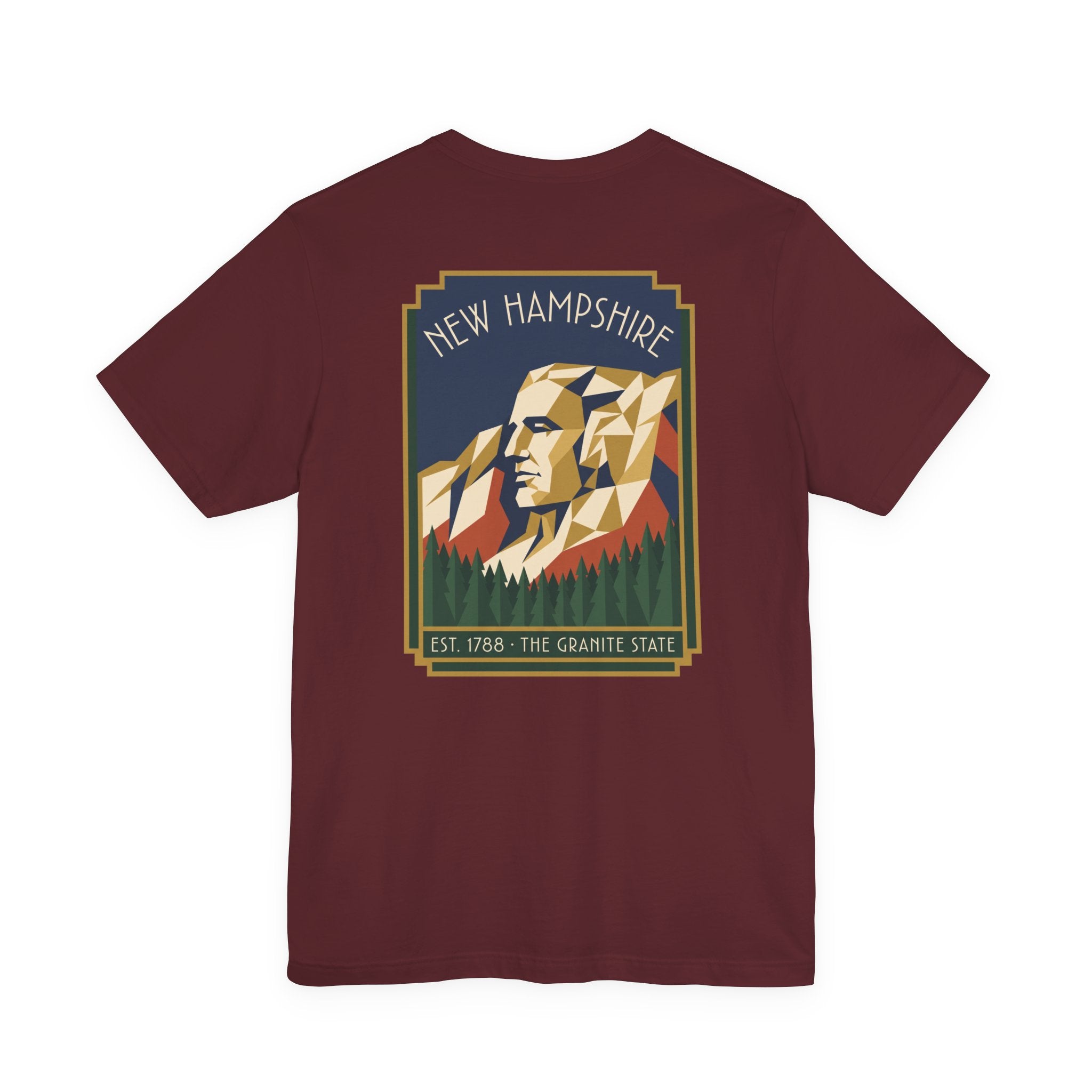 Art deco T-shirt in maroon with framed New Hampshire mountain graphic
