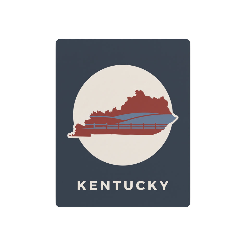 Kentucky metal sign with circular map silhouette, red bridge lines, and “KENTUCKY” text