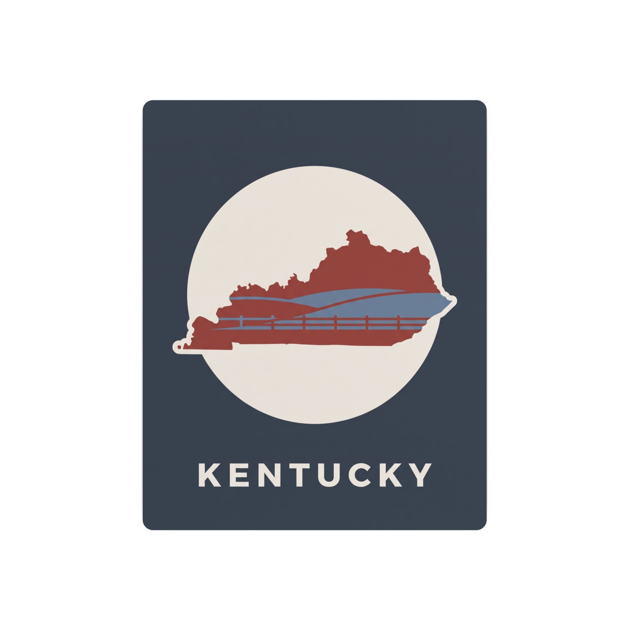Kentucky metal sign with circular map silhouette, red bridge lines, and “KENTUCKY” text