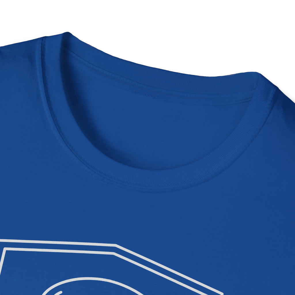 Royal blue t-shirt neckline and shoulder with partial graphic print