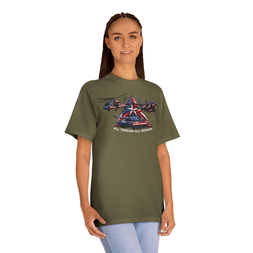 Olive green crewneck T-shirt with red, white, and blue aircraft star graphic on chest