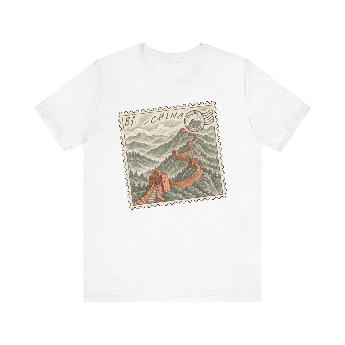 White short-sleeve tee with vintage postage stamp graphic of the Great Wall