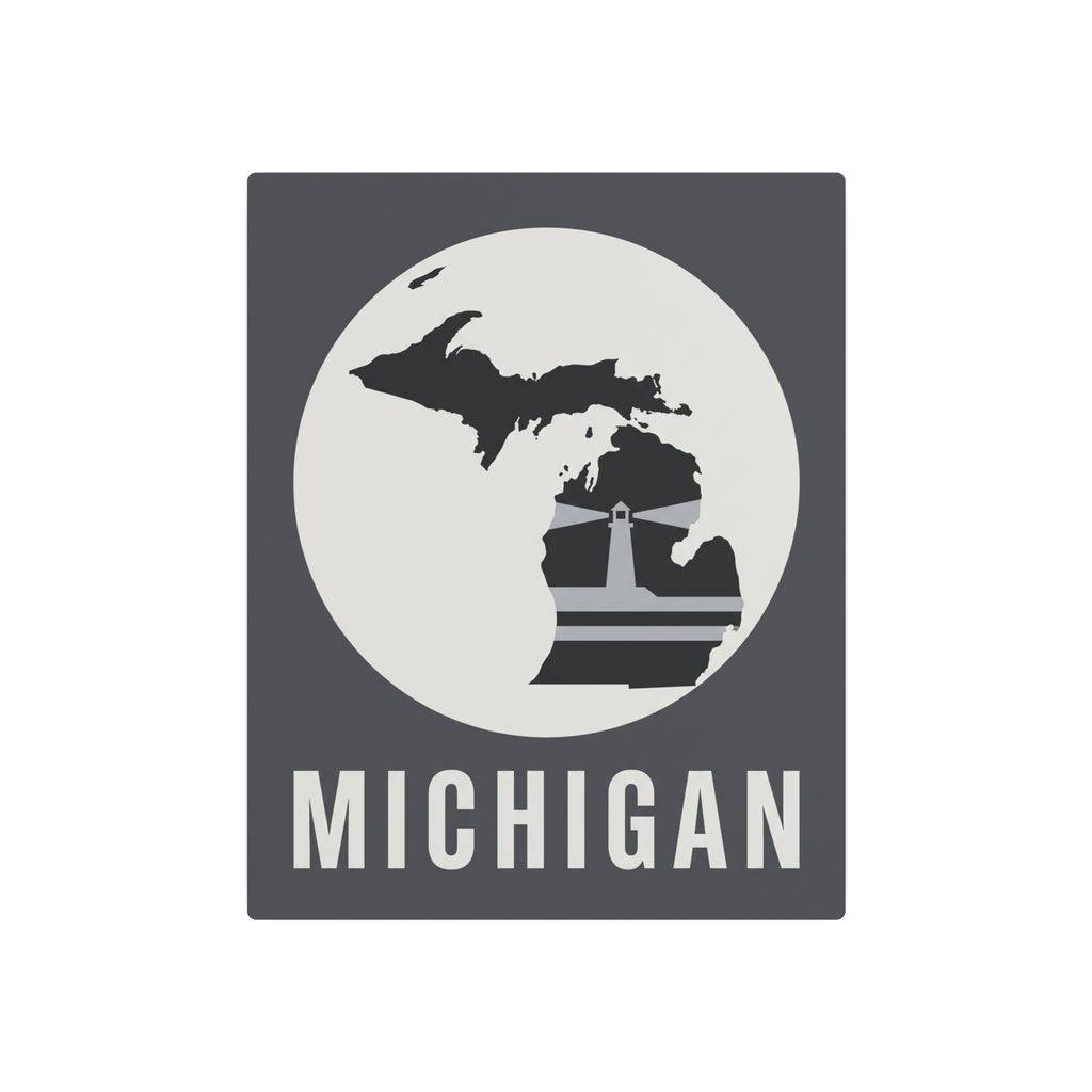 Dark gray square metal wall sign with Michigan circle map, lighthouse graphic, and MICHIGAN text